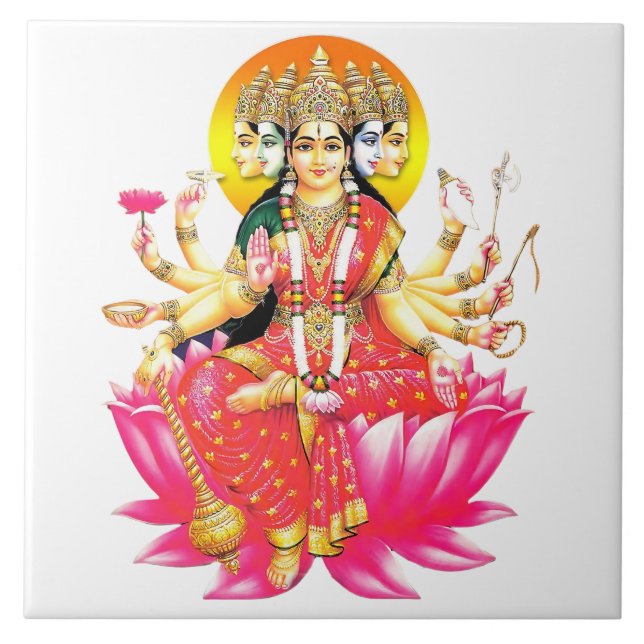 Goddess Gayatri Devi on Lotus Hindu Deity  Tile (Front)