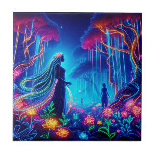 Goddess Neon Forest Of Light Fantasy fairytale art Tile