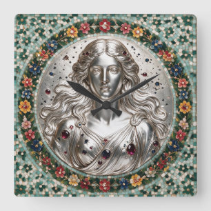 Goddess Nyx Floral Mosaic Square Wall Clock