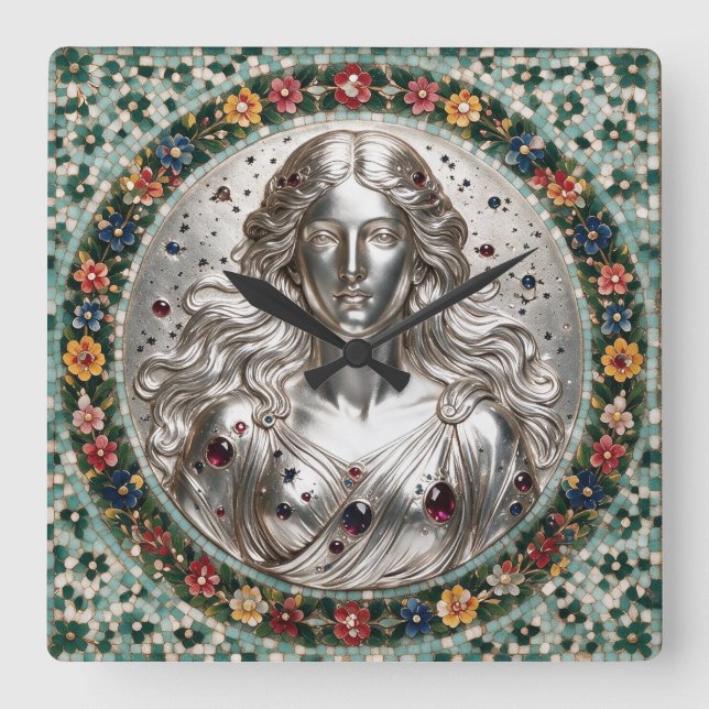 Goddess Nyx Floral Mosaic Square Wall Clock (Front)
