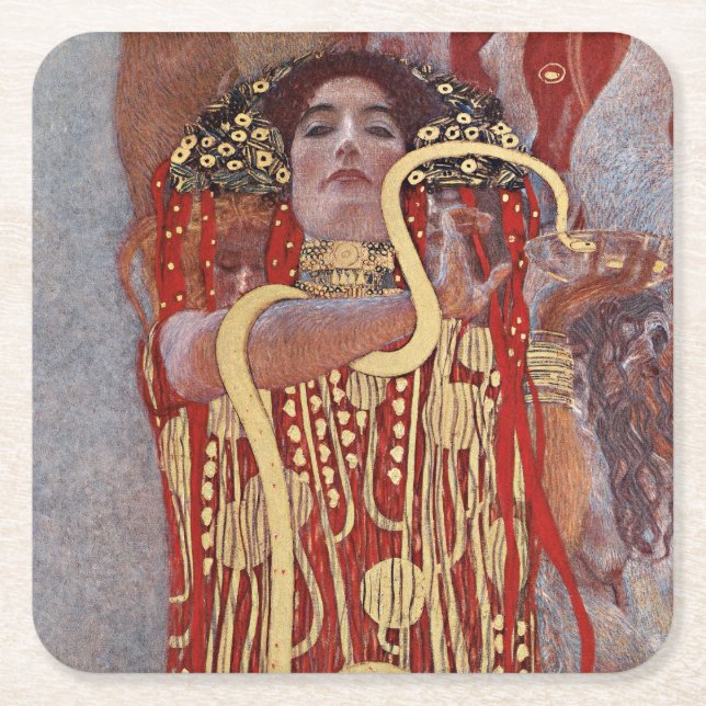 Goddess of Health, Hygieia (Salus), Gustav Klimt Square Paper Coaster (Front)