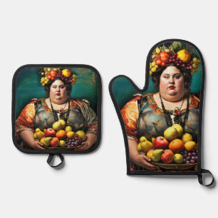 "Goddess of Overindulgence" Colourful Portrait Oven Mitt & Pot Holder Set