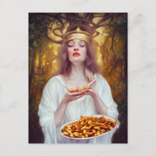 Goddess with a plate full of poutine postcard