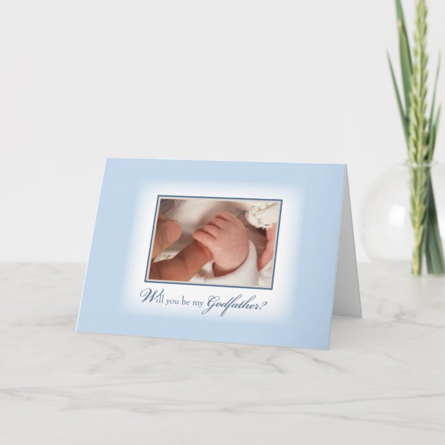 Godfather Invitation with Baby Boy Hands, Blue (Front)