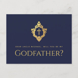 Godfather Proposal Navy Blue Cross Crest Faux Gold Holiday Postcard