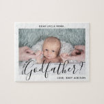 Godfather Proposal Simple Modern Script Baby Photo Jigsaw Puzzle<br><div class="desc">A thoughtful way to ask a family member or friend to be your child's godfather is to give him a stylish customised photo proposal puzzle he can save as a keepsake. All pictures and wording are simple to personalise, including quote that reads "Will you be my Godfather?" (IMAGE PLACEMENT TIP:...</div>