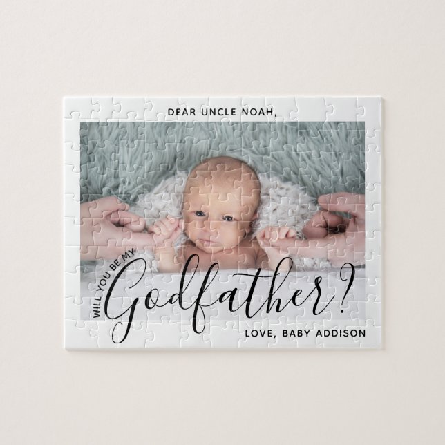Godfather Proposal Simple Modern Script Baby Photo Jigsaw Puzzle (Horizontal)