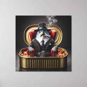 Godfather Sardine Mafia Boss Fish Cartoon Art Canvas Print