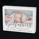 Godfather Thank You Baptism or Christening Photo Wooden Box Sign<br><div class="desc">A thoughtful way to thank your baby's godfather is to give him a stylish photo gift of his godchild that he can save as a keepsake. All pictures and wording are simple to personalise, including quote that reads "Godfathers are a blessing, thank you for being mine." (IMAGE PLACEMENT TIP: An...</div>