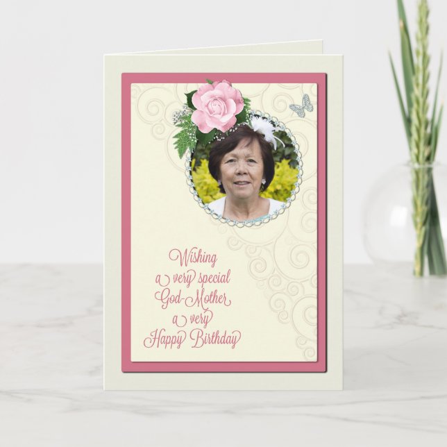 Godmother, add a photo,birthday with a rose card (Front)