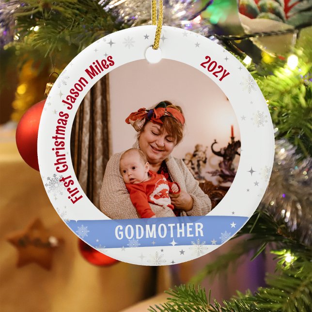 Godmother Baby Personalised First Christmas Photo  Ceramic Tree Decoration (Modern Elegant Cute First Christmas Baby Love you Godmother 1 Photo Snowflakes Stars Bow Holly)