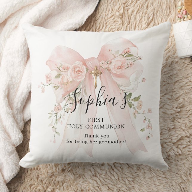 Godmother Gift First Communion Pink Bow Roses Cushion (Blanket)