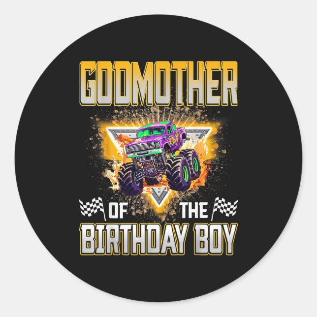 Godmother Of The Birthday Boy Monster Truck Birthd Classic Round Sticker (Front)
