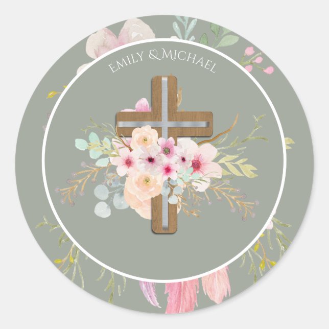 Godmother - Personalised Floral Cross Sage Green Classic Round Sticker (Front)