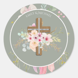 Godmother - Personalised Floral Cross Sage Green Classic Round Sticker