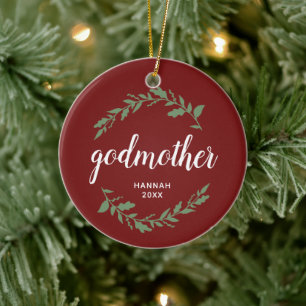 Godmother Personalised Gift Festive Laurel Wreath Ceramic Tree Decoration