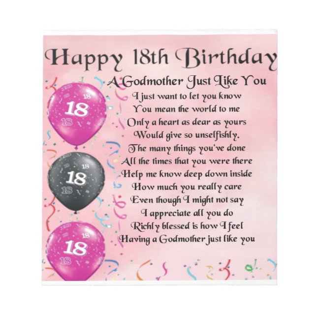 Godmother poem - 18th Birthday Notepad (Front)