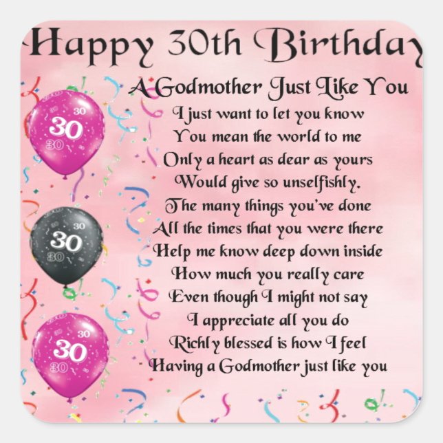 Godmother Poem - 30th Birthday Design Square Sticker (Front)