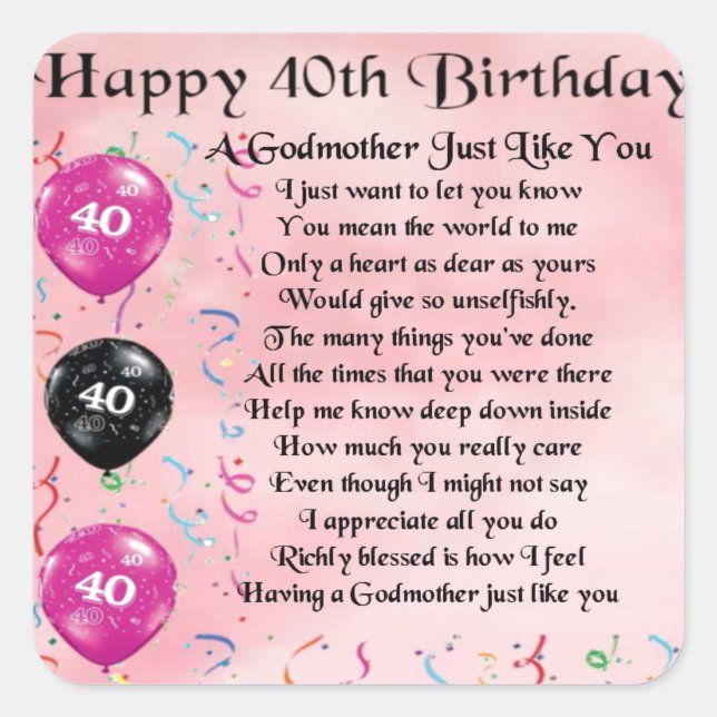 Godmother poem - 40th Birthday Design Square Sticker (Front)
