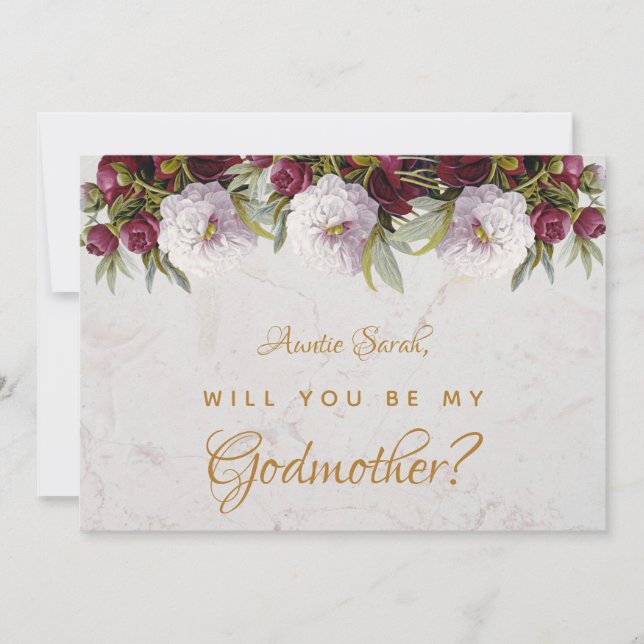 Godmother Proposal Burgundy Peonies Floral Marble Card (Front)