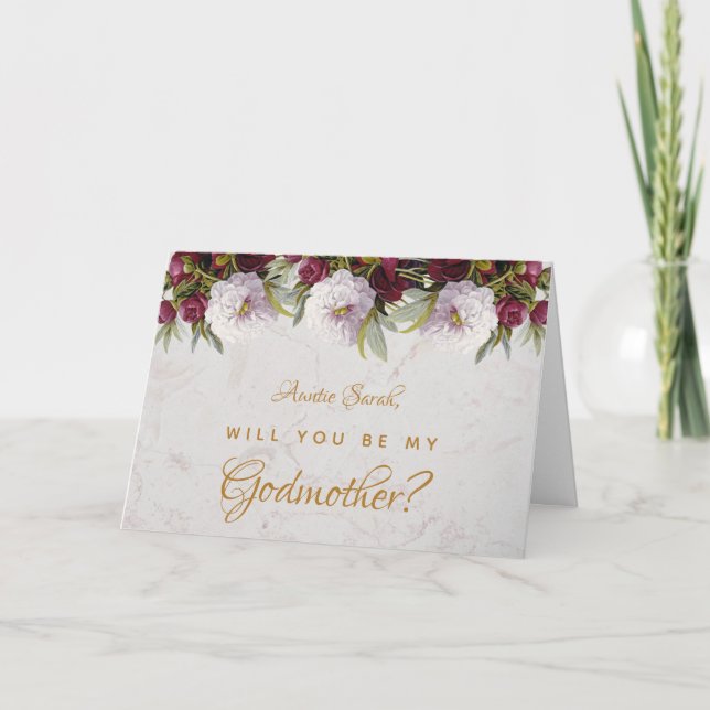 Godmother Proposal Floral Burgundy Peonies Marble Card (Front)