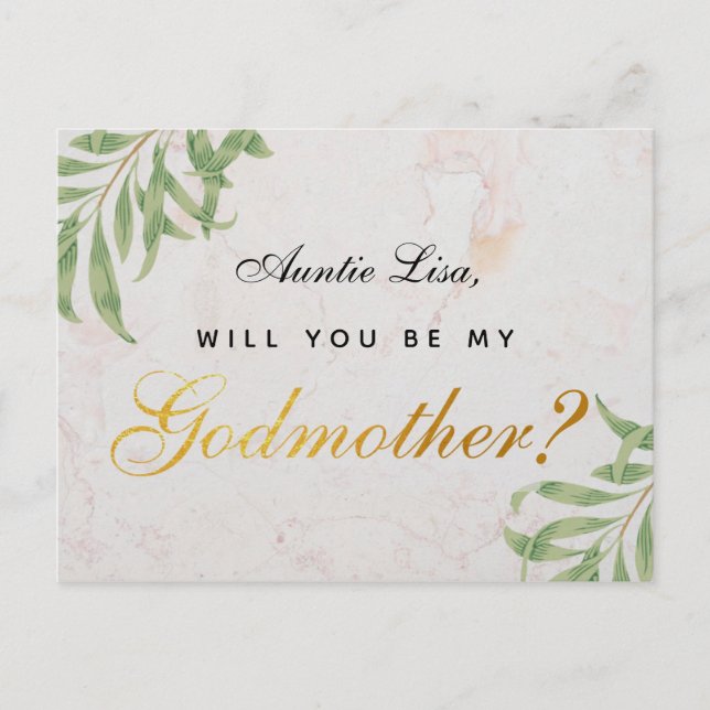 Godmother Proposal Foliage Marble Faux Gold Script Holiday Postcard (Front)