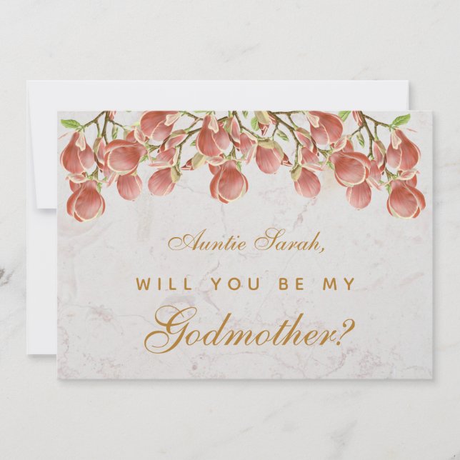 Godmother Proposal Pink Magnolia Marble Floral Card (Front)