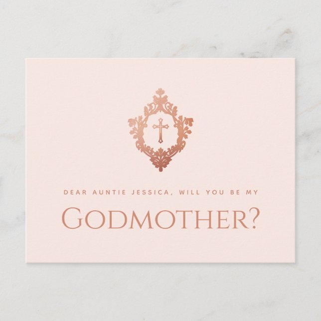 Godmother Proposal Pink Rose Gold Cross Crest Girl Holiday Postcard (Front)