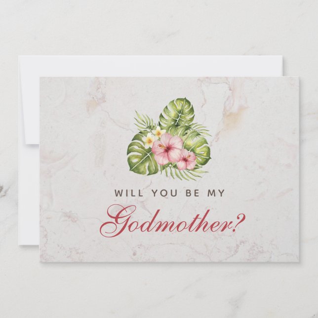 Godmother Proposal Tropical Leaves Floral Hibiscus Card (Front)