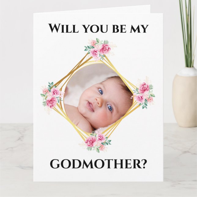 Godmother request DIY baby photo gold frame Card (Front)