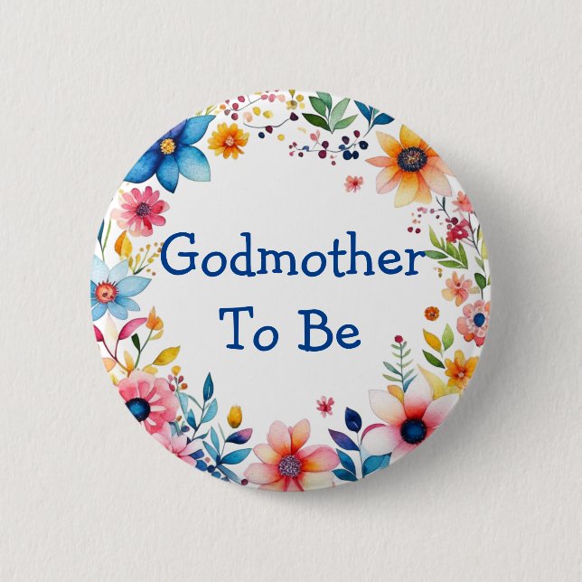 Godmother To Be Floral Pink and Blue Baby Shower 6 Cm Round Badge (Front)