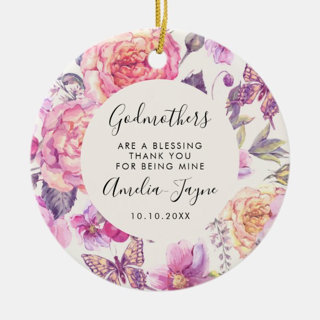 Godmothers Are a Blessing Floral Butterfly Photo Ceramic Tree Decoration (Front)