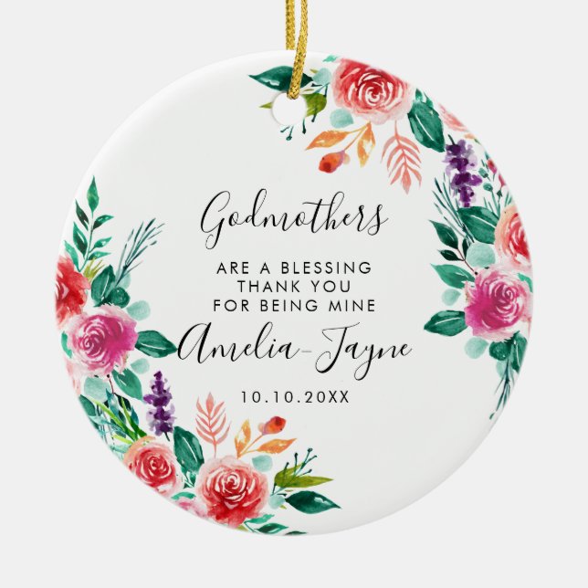 Godmothers Are a Blessing Floral Photo Ceramic Tree Decoration (Front)
