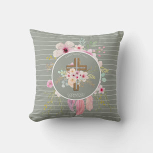 Godparent - Personalised Floral Cross Sage Green Cushion