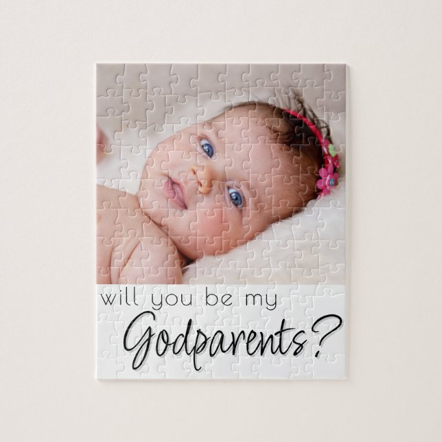 Godparent Proposal | Black Script on White Photo Jigsaw Puzzle (Vertical)