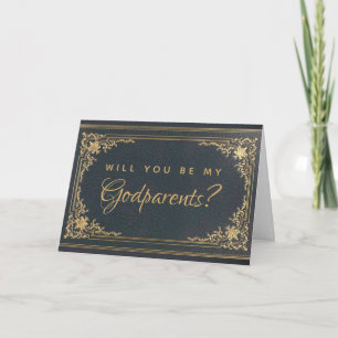 Godparent Proposal Elegant Blue Gold Vintage Card