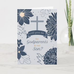 Godparent Request for Son Bold Navy Blue Botanical Card