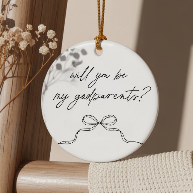 Godparents Handwritten Bow Proposal Ceramic Tree Decoration (Zazzle Godparents Handwritten Bow Proposal Ceramic Ornament (Front))
