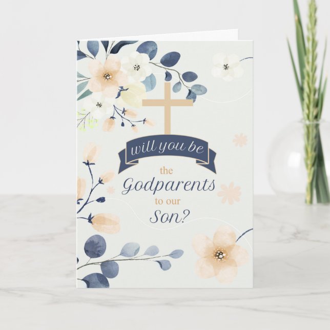 Godparents Request for Son Blue and Yellow Blossom Card (Front)