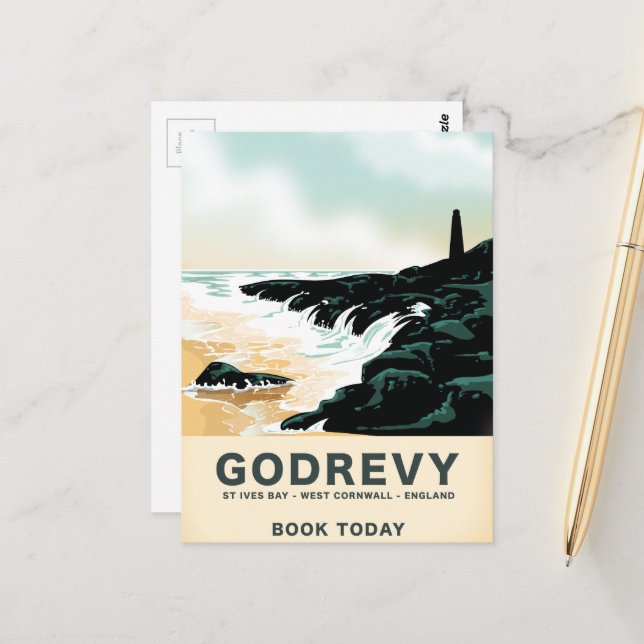 Godrevy St Ives Bay, west Cornwall Travel poster Postcard (Front/Back In Situ)