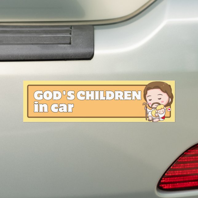 God's Children in Car Cute Cartoon Jesus & Lamb Bumper Sticker (On Car)
