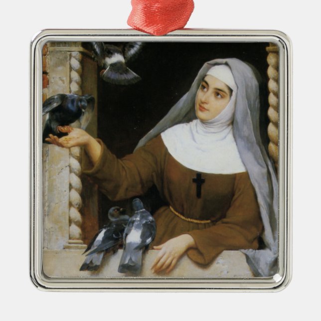 God's Creatures (Catholic Nun Feeding Birds) Metal Tree Decoration (Front)