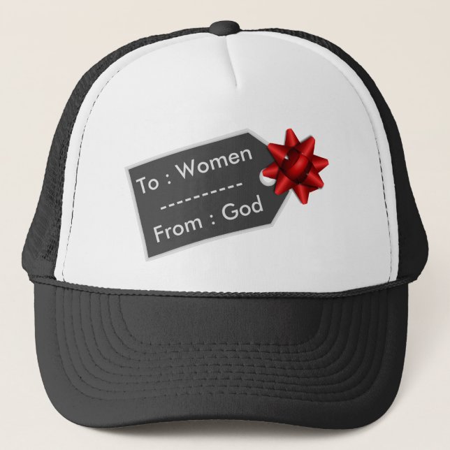 God's Gift Funny Gift Tag Pun Trucker Hat (Front)
