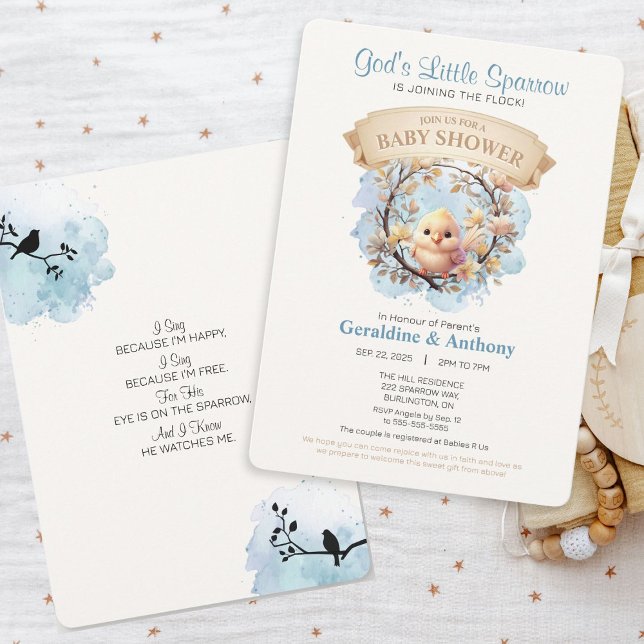 God's Little Sparrow Baby Shower Invitation (Adorable gender neutral sparrow design faith-filled invitation with watercolor blue accents.)