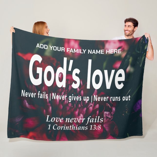 GOD'S LOVE NEVER FAILS Christian Bible Family Name Fleece Blanket (In Situ)