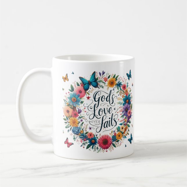God's Love Never Fails Coffee Mug (Left)