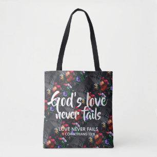 GOD'S LOVE NEVER FAILS TOTE BAG