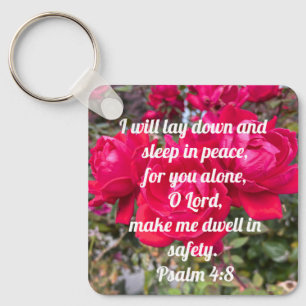 God's Peace Psalm 4:8 Bible Verse Red Rose Key Ring