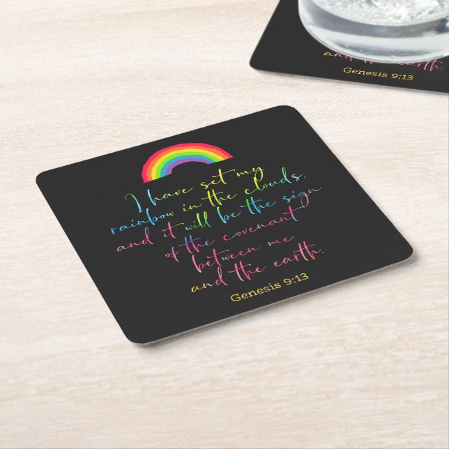 God's Rainbow Genesis 9 Christian Bible Verse Square Paper Coaster (Angled)