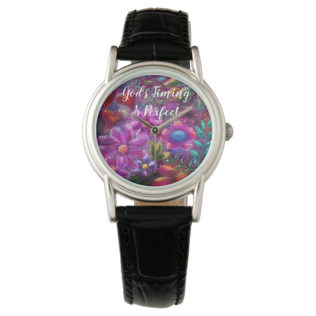 God's Timing is Perfect Abstract Floral Pink Teal Watch (Front)